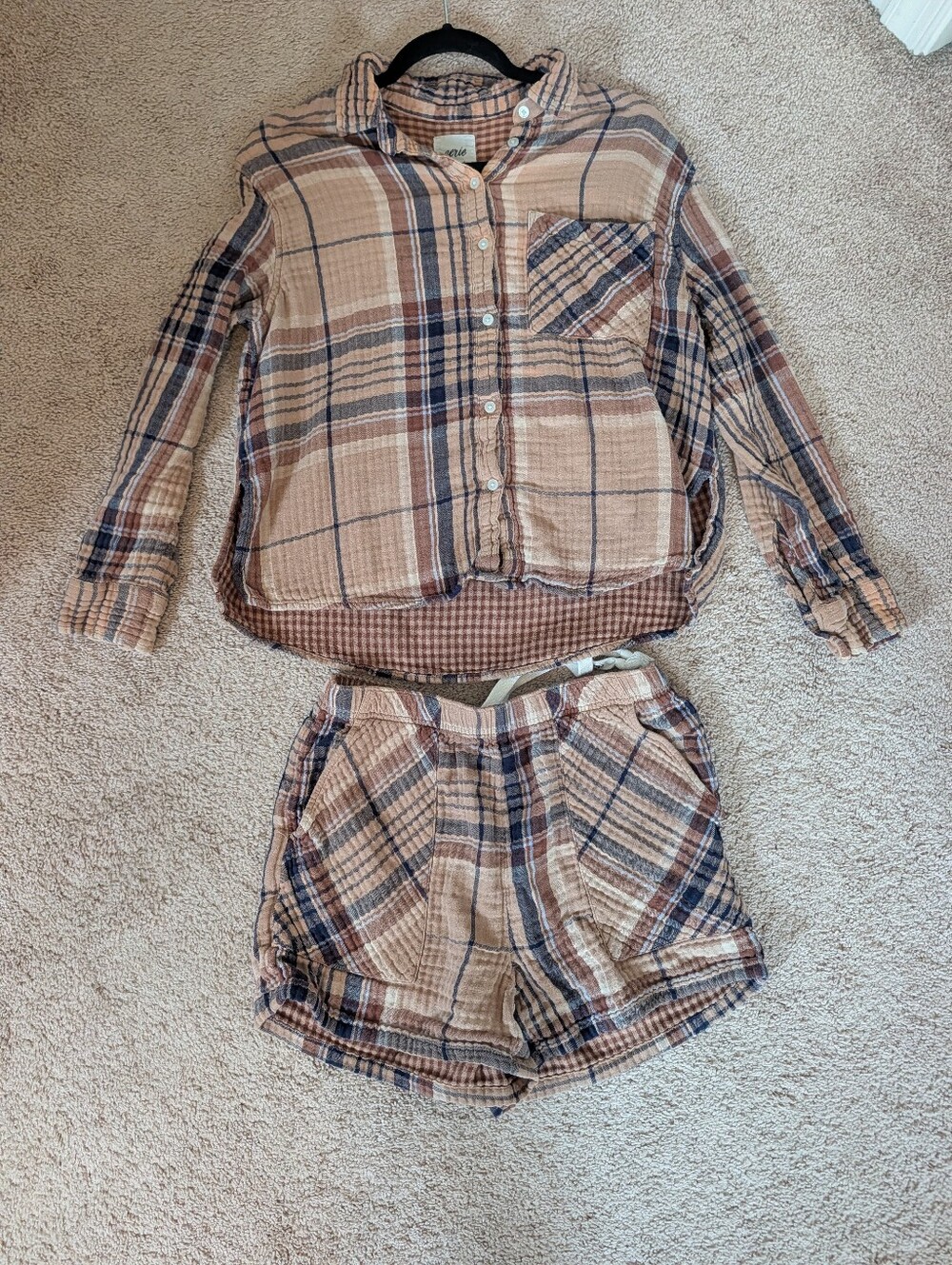 Aerie Soft Gauze Pajama Set | Plaid Flannel & Boxers | Size S/M | Brown & Navy